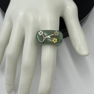 Jade Natural Icy Green Jadeite and MOP‎ Flower Saddle Beautiful 14k Ring 7.5-8
